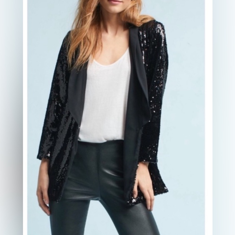 NWT Anthropoogie Cartonnier Black Sequined Tuxedo Blazer